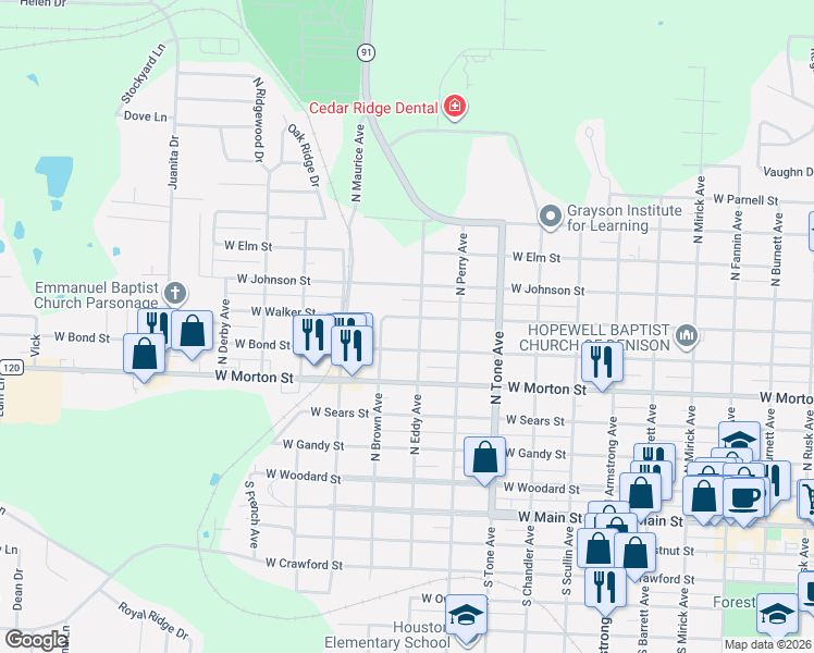 map of restaurants, bars, coffee shops, grocery stores, and more near 1230 West Walker Street in Denison