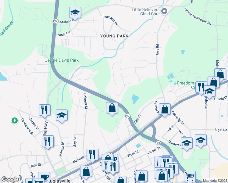 map of restaurants, bars, coffee shops, grocery stores, and more near 6420 Harvester Circle in Douglasville