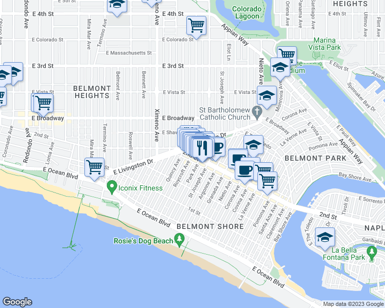 map of restaurants, bars, coffee shops, grocery stores, and more near E 2nd St & Roycroft Ave in Long Beach