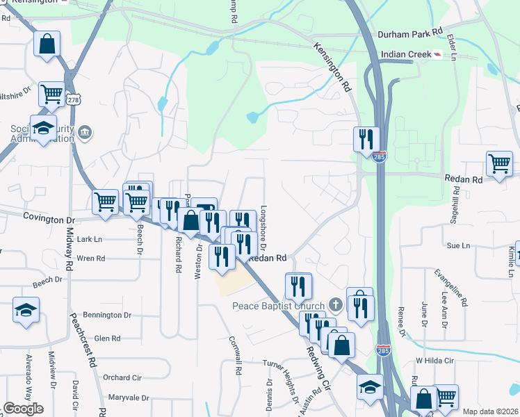 map of restaurants, bars, coffee shops, grocery stores, and more near 1109 Longshore Drive in Decatur