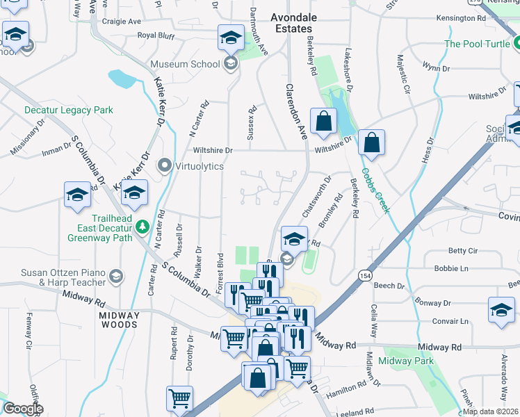 map of restaurants, bars, coffee shops, grocery stores, and more near 37 Chelsea Court in Avondale Estates