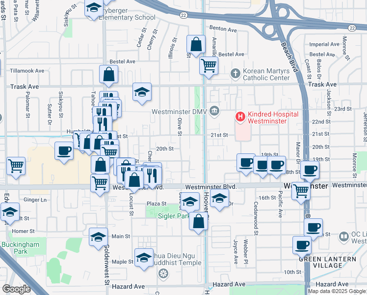map of restaurants, bars, coffee shops, grocery stores, and more near 13802 Olive Street in Westminster