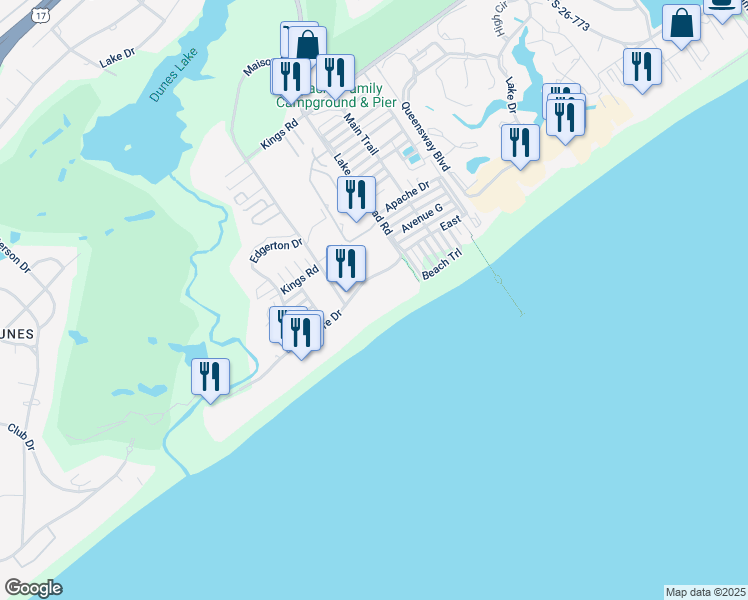map of restaurants, bars, coffee shops, grocery stores, and more near 6500 Shore Drive in Myrtle Beach