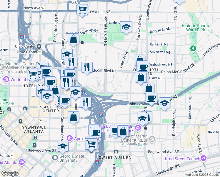 map of restaurants, bars, coffee shops, grocery stores, and more near 137 McGill Park Avenue Northeast in Atlanta