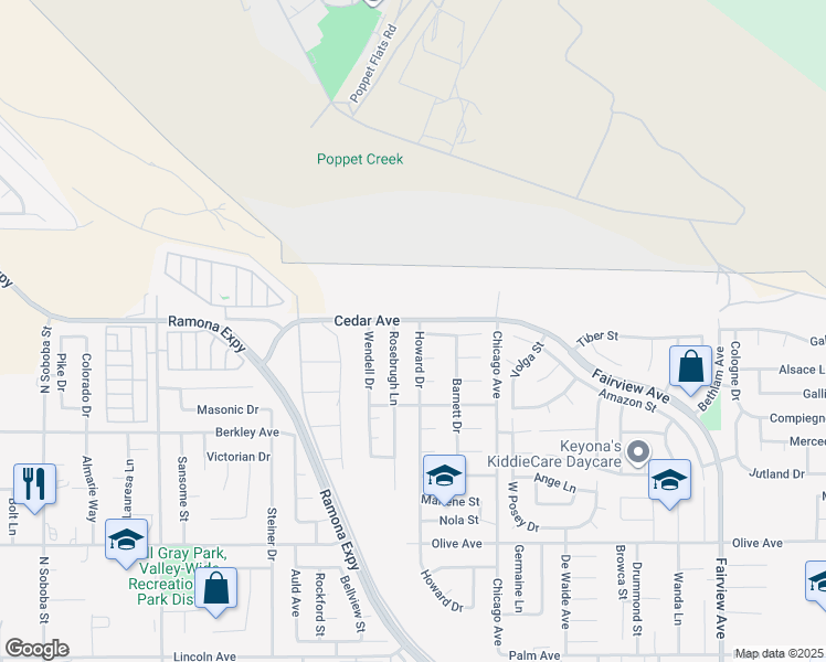 map of restaurants, bars, coffee shops, grocery stores, and more near 24773 Howard Drive in Hemet