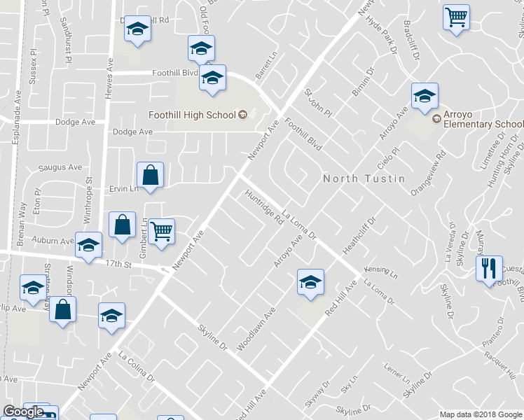 map of restaurants, bars, coffee shops, grocery stores, and more near 1132 Huntridge Road in Santa Ana