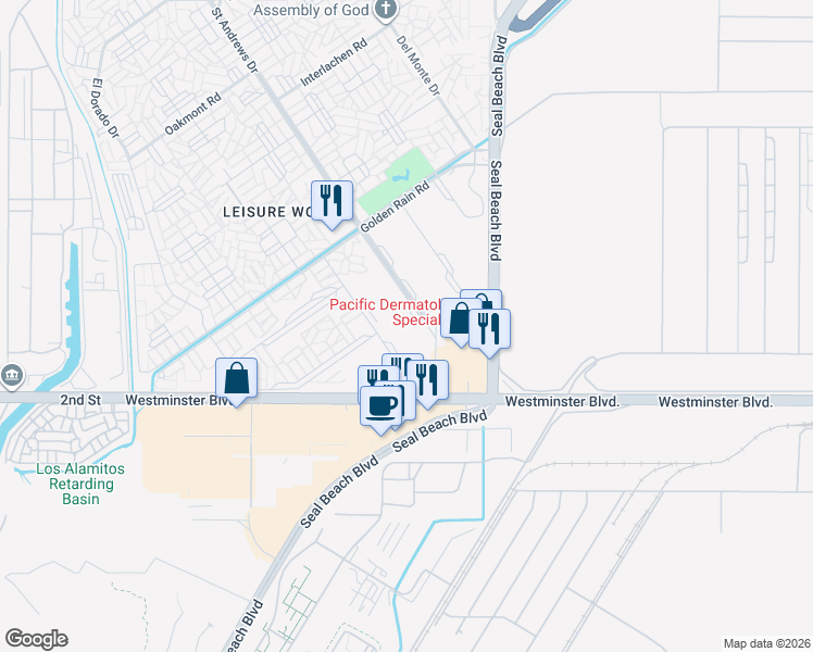 map of restaurants, bars, coffee shops, grocery stores, and more near 13860 Saint Andrews Drive in Seal Beach