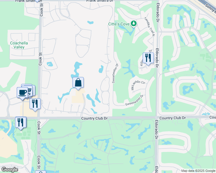 map of restaurants, bars, coffee shops, grocery stores, and more near 185 Desert Falls Drive East in Palm Desert