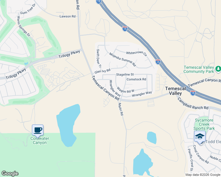map of restaurants, bars, coffee shops, grocery stores, and more near 10081 Wrangler Way in Corona