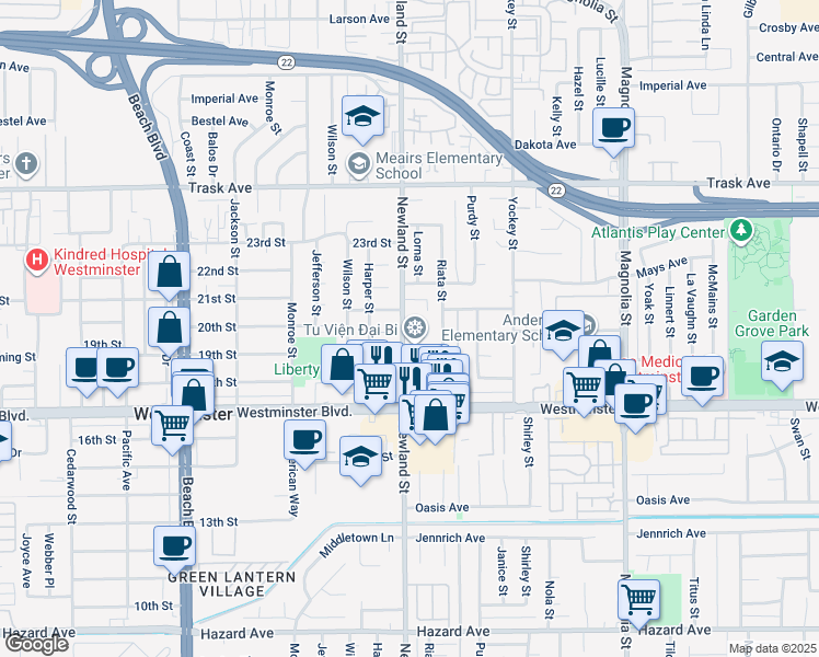 map of restaurants, bars, coffee shops, grocery stores, and more near 13812 Newland Street in Garden Grove