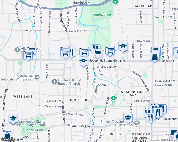 map of restaurants, bars, coffee shops, grocery stores, and more near 249 Burbank Drive Northwest in Atlanta