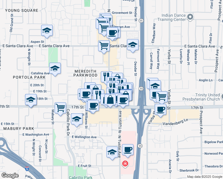 map of restaurants, bars, coffee shops, grocery stores, and more near 1828 North Tustin Avenue in Santa Ana