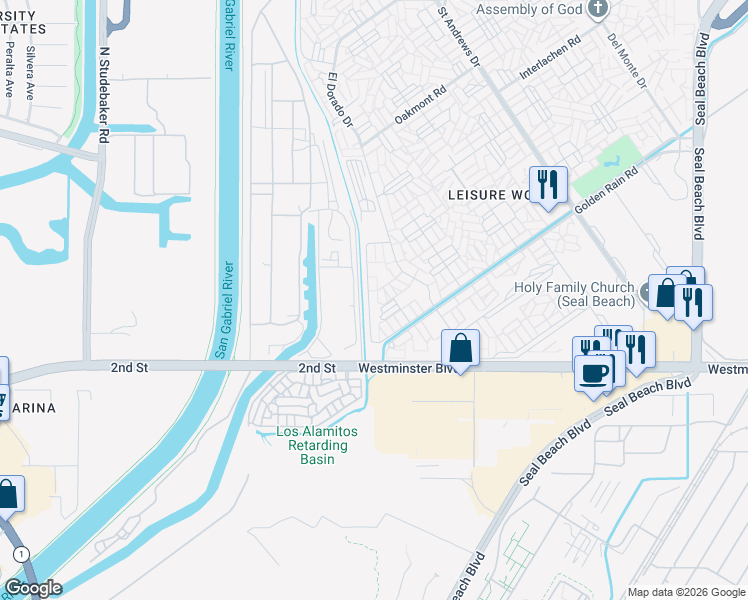 map of restaurants, bars, coffee shops, grocery stores, and more near 13840 Canoe Brook Drive in Seal Beach