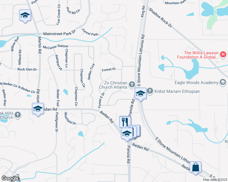 map of restaurants, bars, coffee shops, grocery stores, and more near 1077 Forest East Drive in Stone Mountain