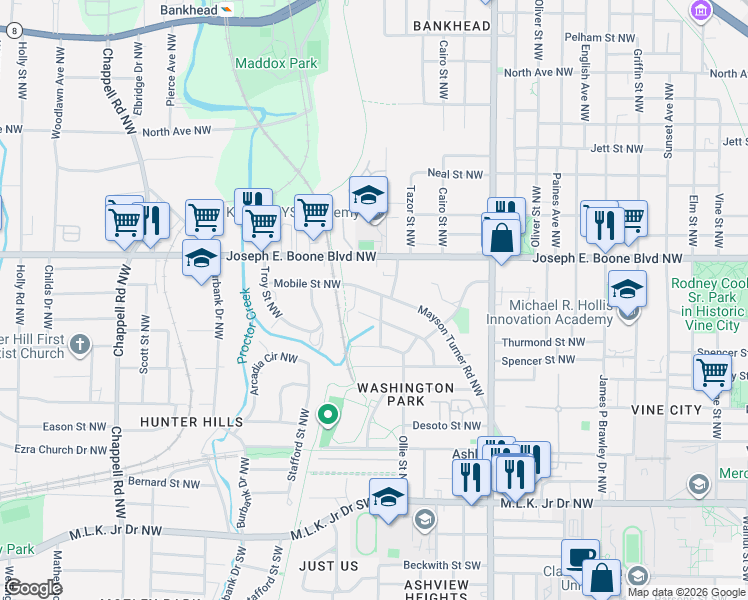 map of restaurants, bars, coffee shops, grocery stores, and more near 1088 Mayson Turner Road Northwest in Atlanta