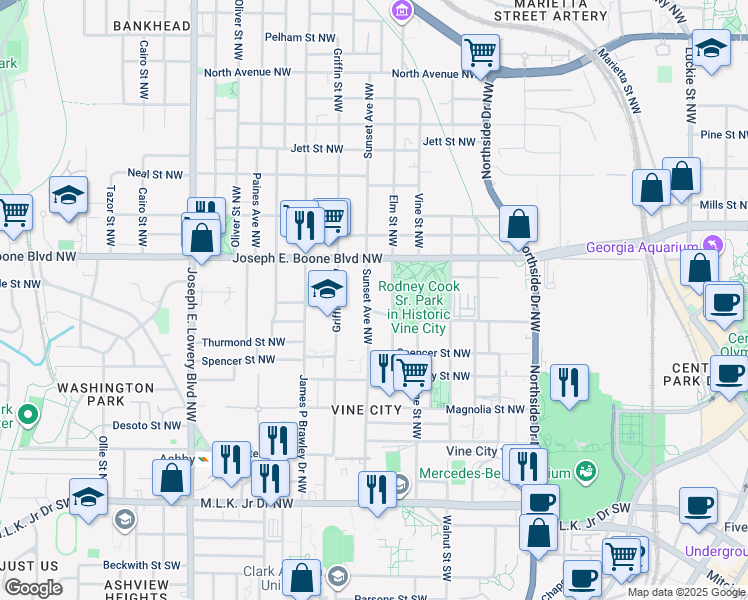 map of restaurants, bars, coffee shops, grocery stores, and more near 265 Sunset Avenue Northwest in Atlanta