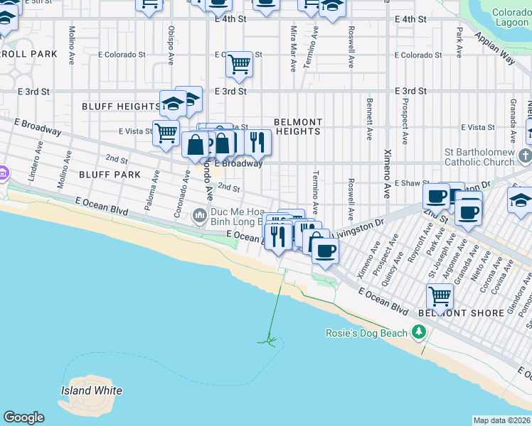 map of restaurants, bars, coffee shops, grocery stores, and more near 3665 East 1st Street in Long Beach