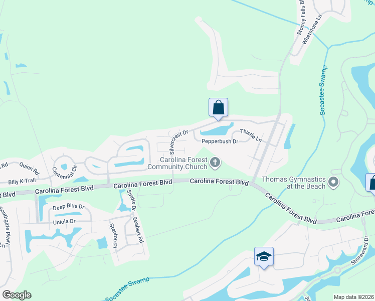 map of restaurants, bars, coffee shops, grocery stores, and more near 2025 Silvercrest Drive in Myrtle Beach