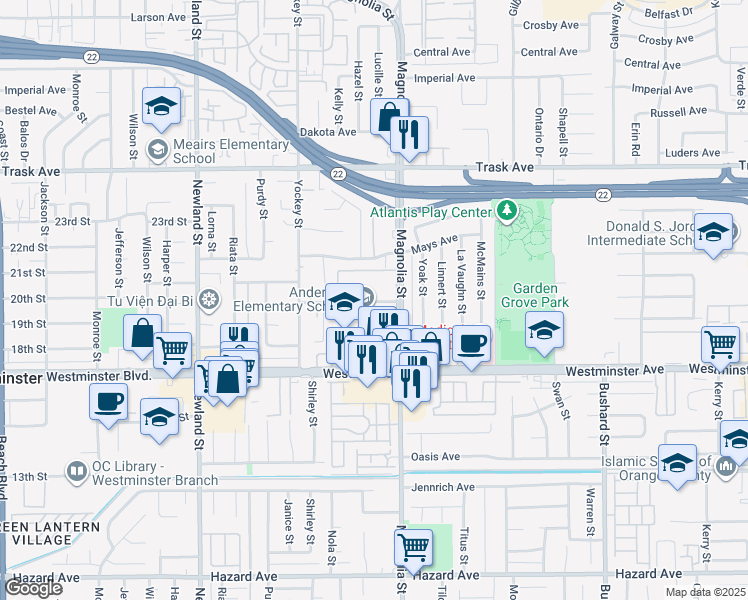 map of restaurants, bars, coffee shops, grocery stores, and more near 8943 Hewitt Place in Garden Grove
