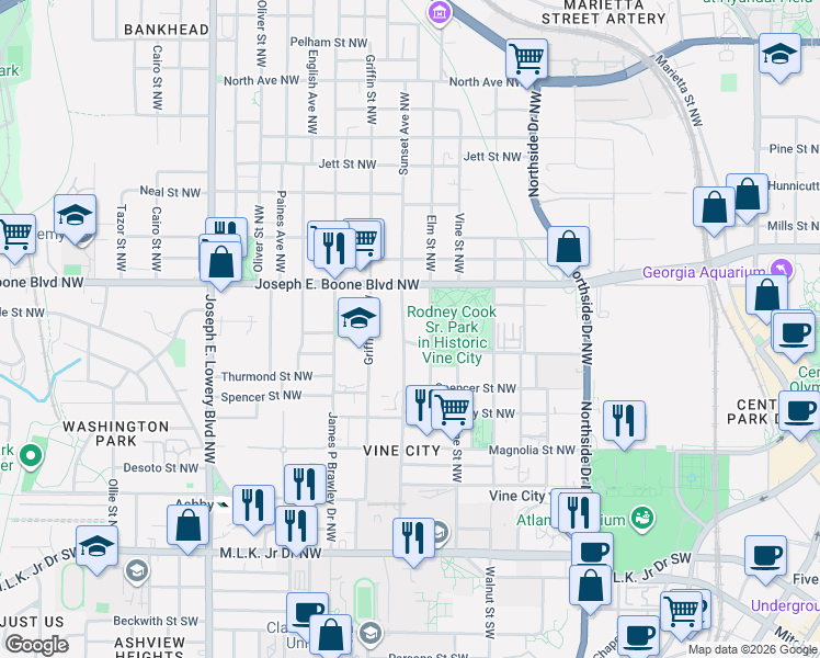 map of restaurants, bars, coffee shops, grocery stores, and more near 265 Sunset Avenue Northwest in Atlanta