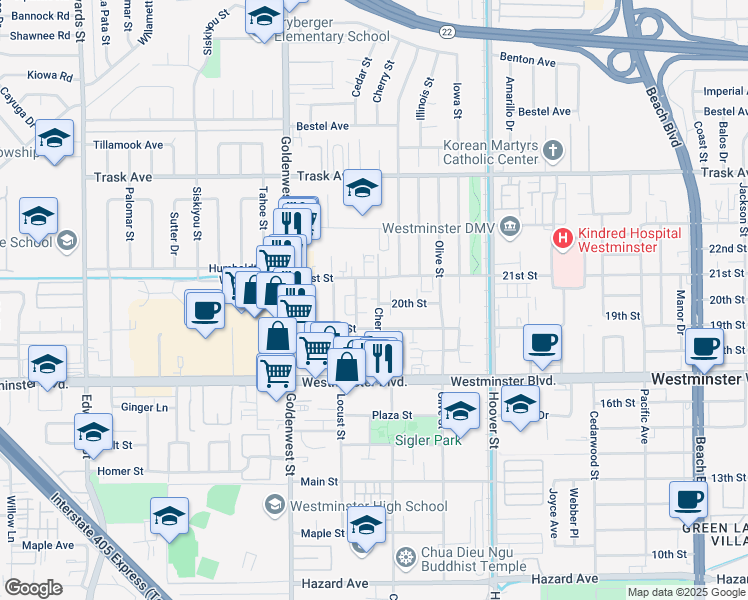 map of restaurants, bars, coffee shops, grocery stores, and more near 13781 Cherry Street in Westminster