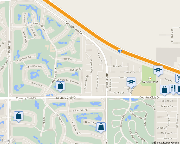 map of restaurants, bars, coffee shops, grocery stores, and more near 76835 Bishop Place in Palm Desert