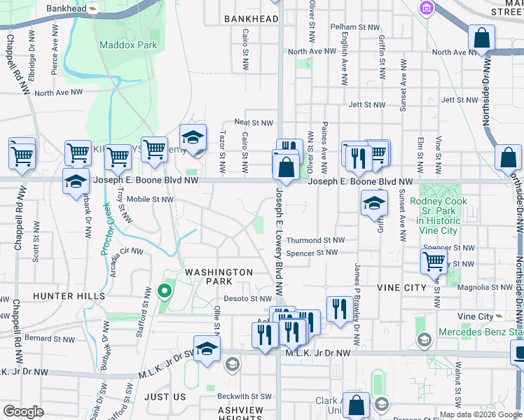 map of restaurants, bars, coffee shops, grocery stores, and more near 968 Ashby Circle Northwest in Atlanta