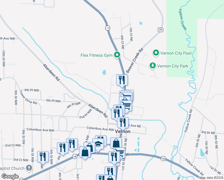 map of restaurants, bars, coffee shops, grocery stores, and more near 186 Boman Avenue Northwest in Vernon