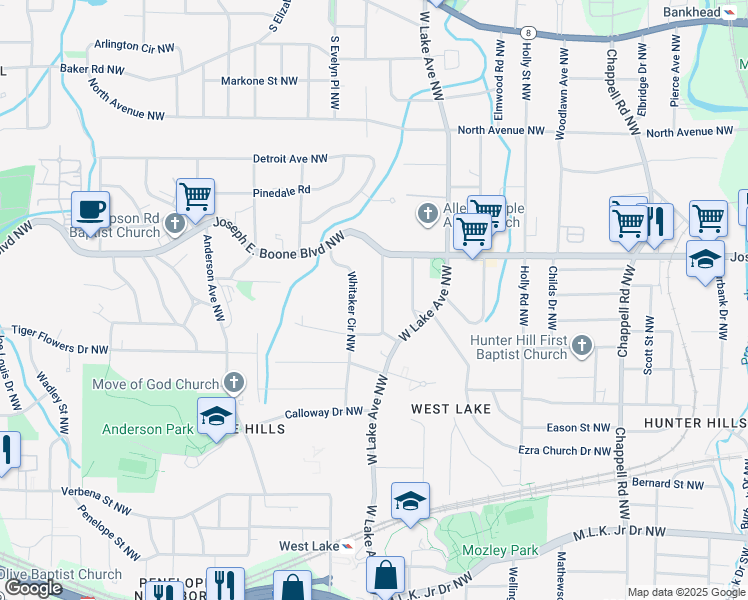 map of restaurants, bars, coffee shops, grocery stores, and more near 250 Richardson Road Northwest in Atlanta