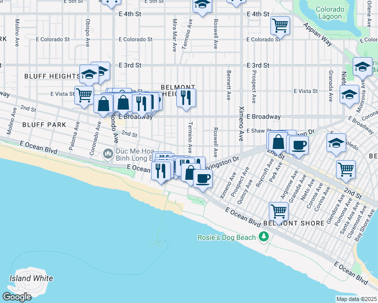 map of restaurants, bars, coffee shops, grocery stores, and more near 123 Termino Avenue in Long Beach