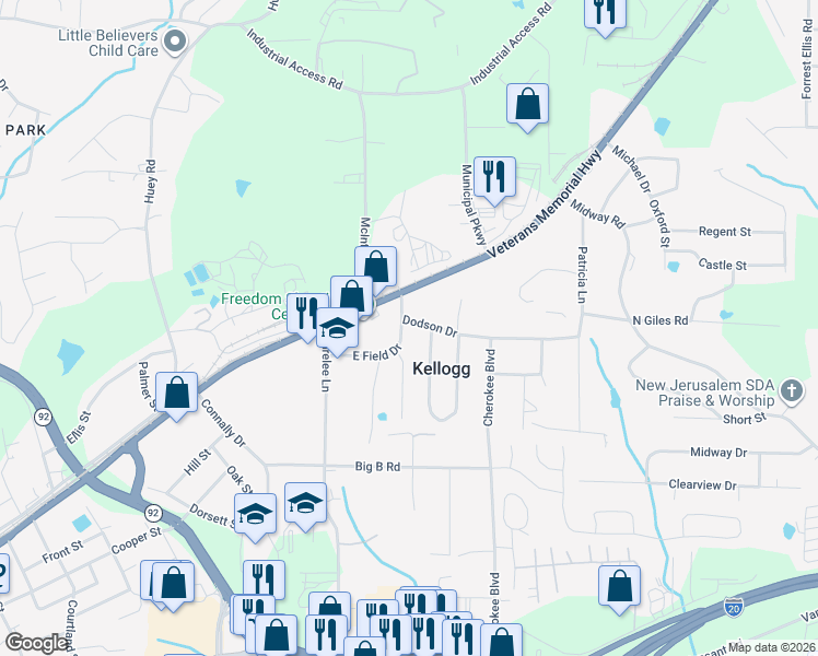 map of restaurants, bars, coffee shops, grocery stores, and more near 1617 West Kellogg Circle in Douglasville