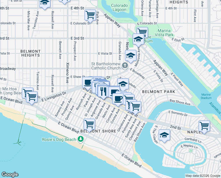 map of restaurants, bars, coffee shops, grocery stores, and more near 222 Argonne Avenue in Long Beach