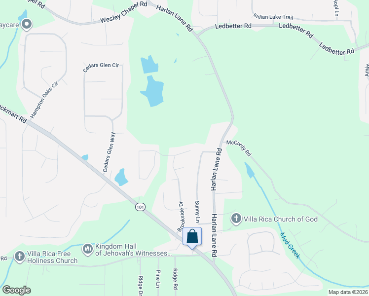 map of restaurants, bars, coffee shops, grocery stores, and more near 68 Brookside Way in Villa Rica