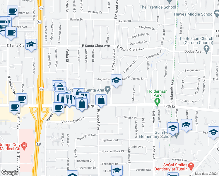 map of restaurants, bars, coffee shops, grocery stores, and more near 13822 Ridgecrest Circle in Tustin
