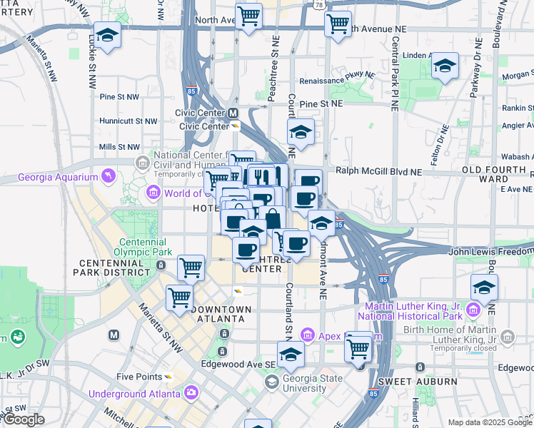 map of restaurants, bars, coffee shops, grocery stores, and more near 285 Peachtree Center Avenue Northeast in Atlanta