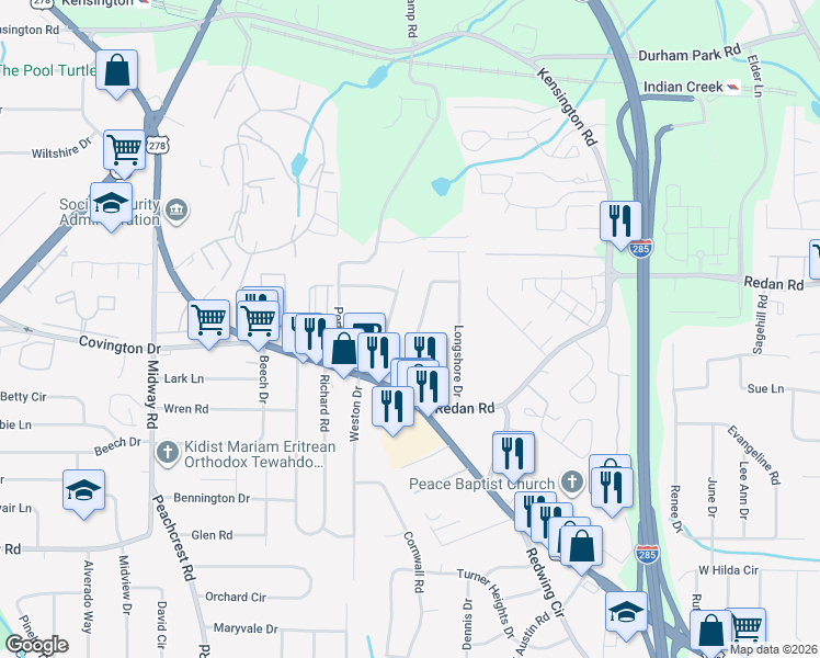 map of restaurants, bars, coffee shops, grocery stores, and more near 1111 Canal Street in Decatur