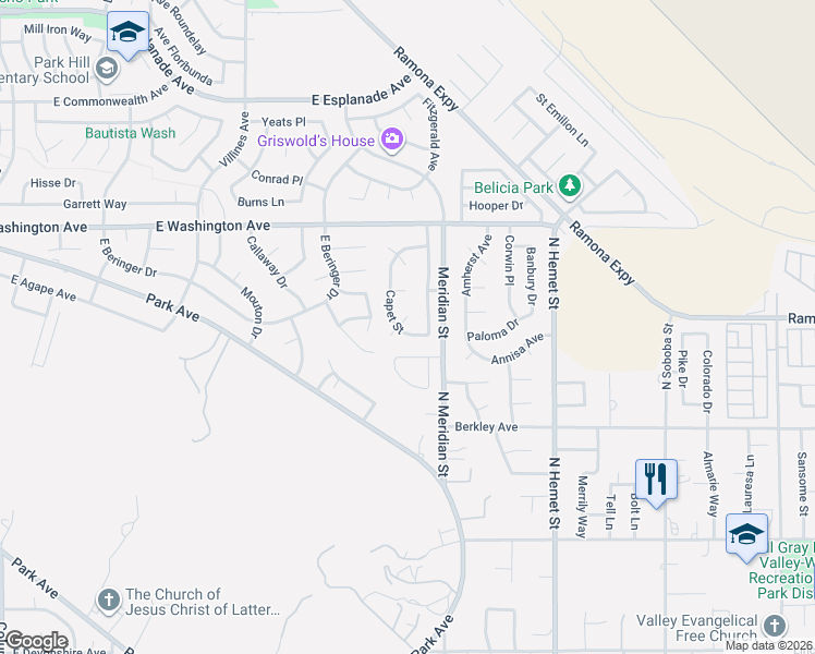 map of restaurants, bars, coffee shops, grocery stores, and more near 2355 Capet Street in San Jacinto