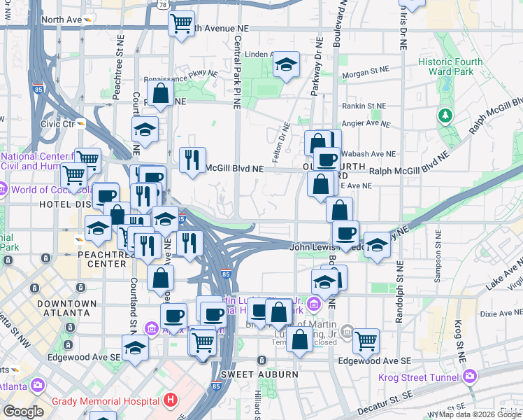 map of restaurants, bars, coffee shops, grocery stores, and more near 1315 McGill Park Avenue Northeast in Atlanta