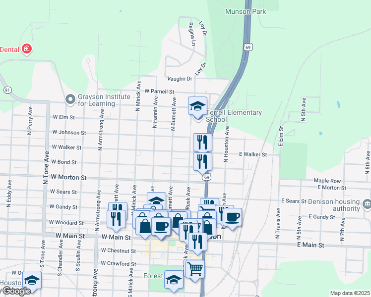 map of restaurants, bars, coffee shops, grocery stores, and more near 305 West Walker Street in Denison
