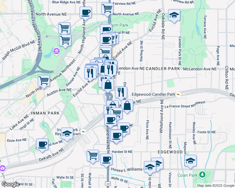 map of restaurants, bars, coffee shops, grocery stores, and more near 279 Josephine Street Northeast in Atlanta