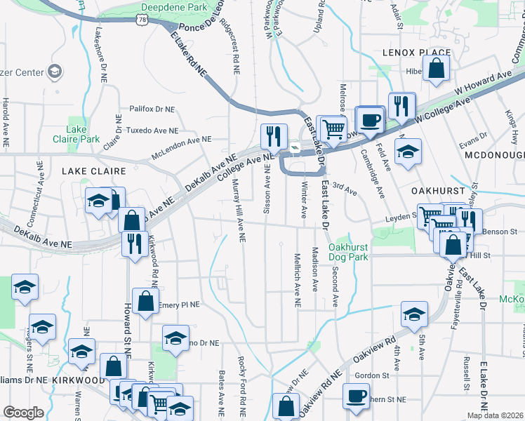 map of restaurants, bars, coffee shops, grocery stores, and more near 304 Sisson Avenue Northeast in Atlanta
