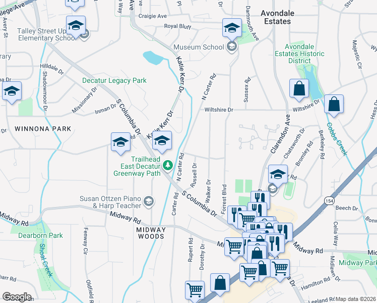 map of restaurants, bars, coffee shops, grocery stores, and more near 1130 North Carter Road in Decatur