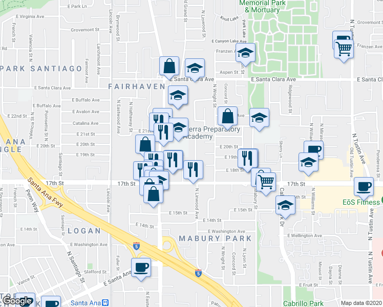 map of restaurants, bars, coffee shops, grocery stores, and more near 1910 North Linwood Avenue in Santa Ana