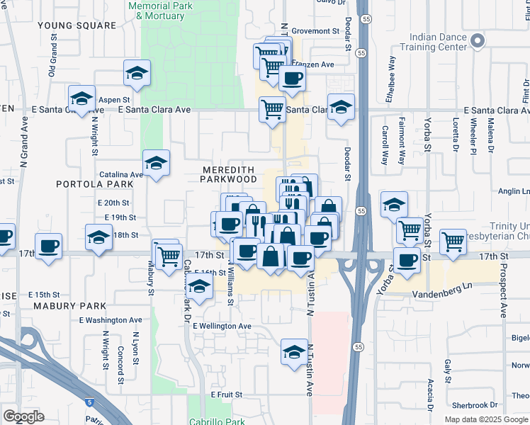 map of restaurants, bars, coffee shops, grocery stores, and more near 2125 East 20th Street in Santa Ana