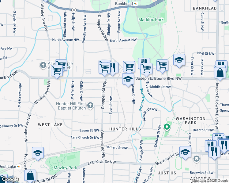 map of restaurants, bars, coffee shops, grocery stores, and more near 257 Scott Street Northwest in Atlanta