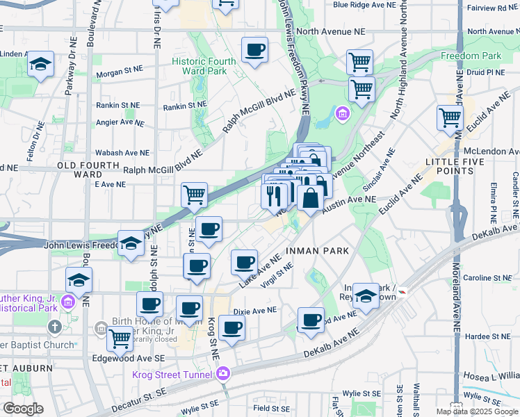 map of restaurants, bars, coffee shops, grocery stores, and more near 803 Corduroy Lane in Atlanta
