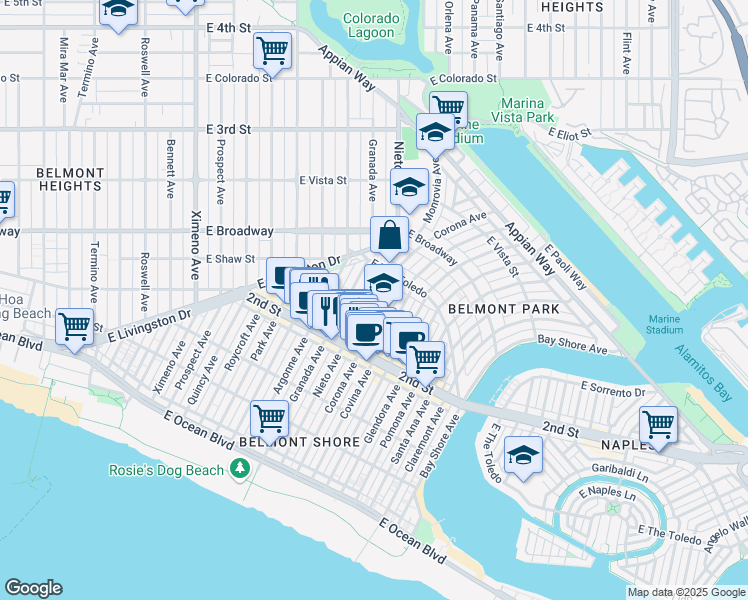 map of restaurants, bars, coffee shops, grocery stores, and more near 234 Nieto Avenue in Long Beach