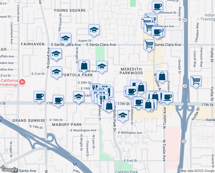 map of restaurants, bars, coffee shops, grocery stores, and more near 1920 Sherry Lane in Santa Ana