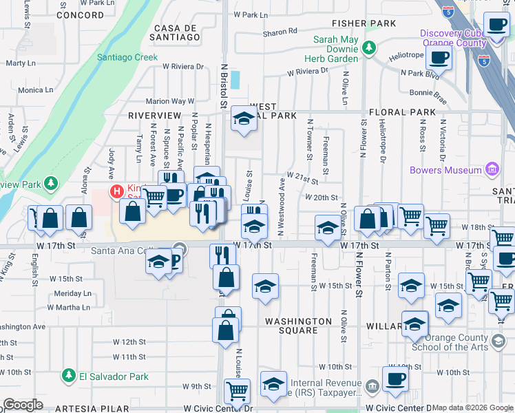 map of restaurants, bars, coffee shops, grocery stores, and more near 1809 North Louise Street in Santa Ana