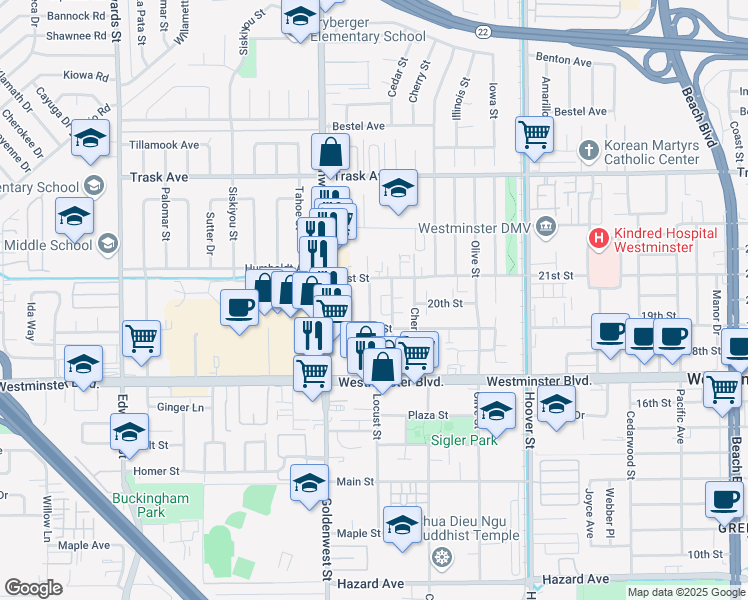map of restaurants, bars, coffee shops, grocery stores, and more near 13782 Locust Street in Westminster